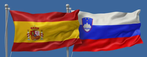 Spain flag and Slovenia flag on a blue sky background, banner 3D Illustration