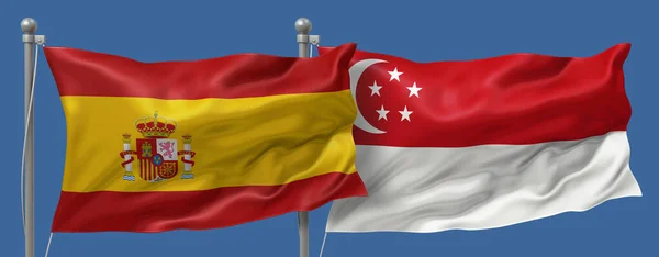 Spain flag and Singapore flag on a blue sky background, banner 3D Illustration
