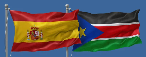 Spain flag and South Sudan flag on a blue sky background, banner 3D Illustration