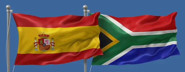 Spain flag and South Africa flag on a blue sky background, banner 3D Illustration