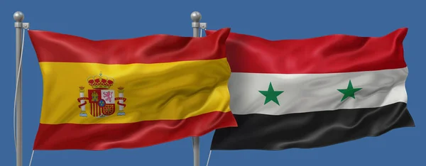 Spain flag and Syria flag on a blue sky background, banner 3D Illustration