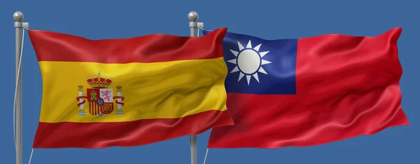 Spain flag and Taiwan flag on a blue sky background, banner 3D Illustration