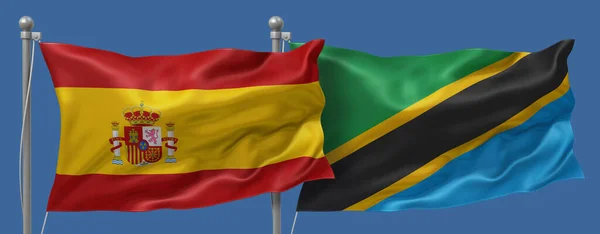Spain flag and Tanzania flag on a blue sky background, banner 3D Illustration