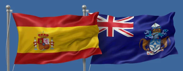 Spain flag and Tristan da Cunha flag on a blue sky background, banner 3D Illustration