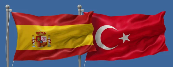 Spain flag and Turkey flag on a blue sky background, banner 3D Illustration