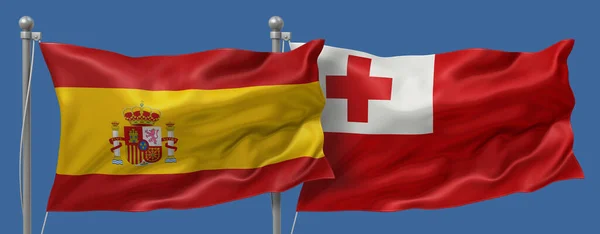 Spain flag and Tonga flag on a blue sky background, banner 3D Illustration