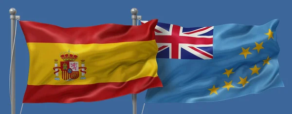 Spain flag and Tuvalu flag on a blue sky background, banner 3D Illustration