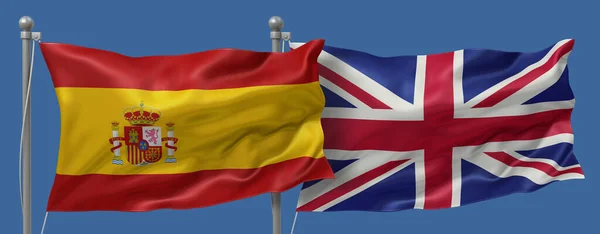 Spain flag and United Kingdom flag on a blue sky background, banner 3D Illustration
