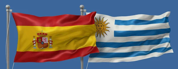 Spain flag and Uruguay flag on a blue sky background, banner 3D Illustration