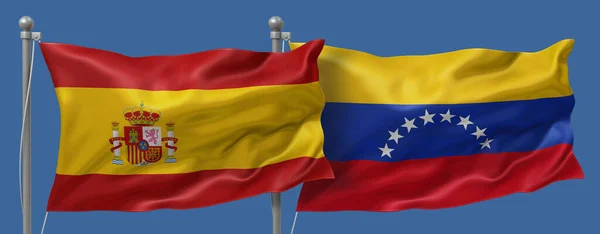 Spain flag and Venezuela flag on a blue sky background, banner 3D Illustration