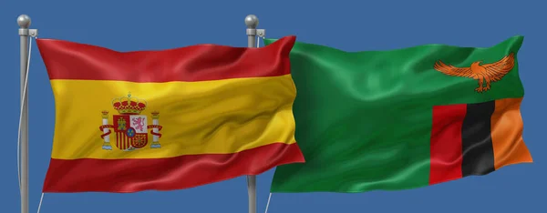 Spain flag and Zambia flag on a blue sky background, banner 3D Illustration