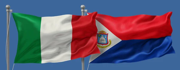 Italy vs Sint Maarten flags banner on a blue sky background, banner 3D Illustration