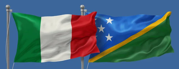 Italy vs Solomon Islands flags banner on a blue sky background, banner 3D Illustration