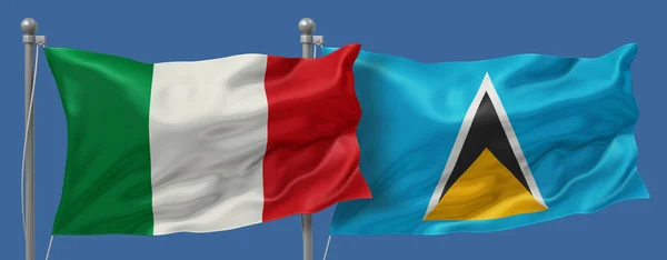 Italy vs Saint Lucia flags banner on a blue sky background, banner 3D Illustration