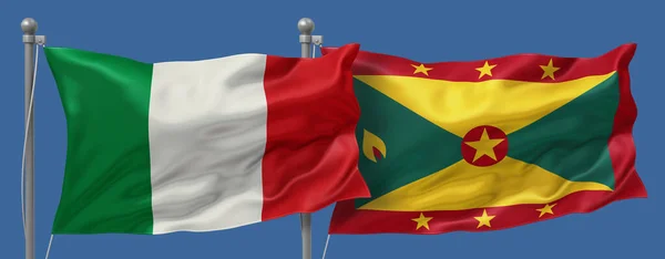 Italy vs Grenada flags banner on a blue sky background, banner 3D Illustration