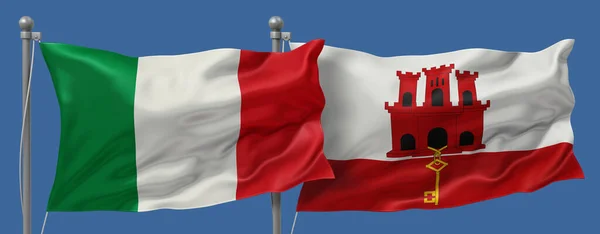 Italy vs Gibraltar flags banner on a blue sky background, banner 3D Illustration