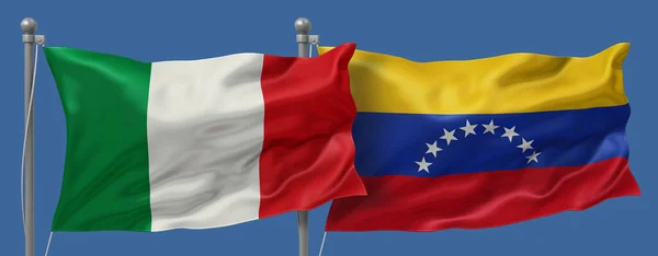 Italy vs Venezuela flags banner on a blue sky background, banner 3D Illustration