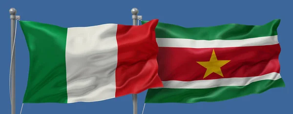 Italy vs Suriname flags banner on a blue sky background, banner 3D Illustration