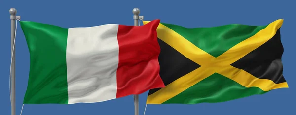 Italy vs Jamaica flags banner on a blue sky background, banner 3D Illustration