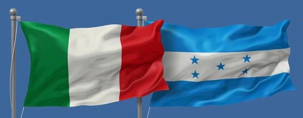 Italy vs Honduras flags banner on a blue sky background, banner 3D Illustration