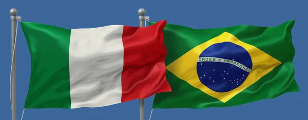 Italy vs Brazil flags banner on a blue sky background, banner 3D Illustration