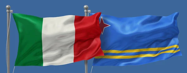 Italy vs Aruba flags banner on a blue sky background, banner 3D Illustration