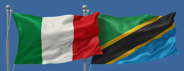 Italy vs Tanzania flags banner on a blue sky background, banner 3D Illustration