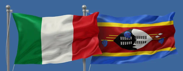 Italy vs Swaziland flags banner on a blue sky background, banner 3D Illustration