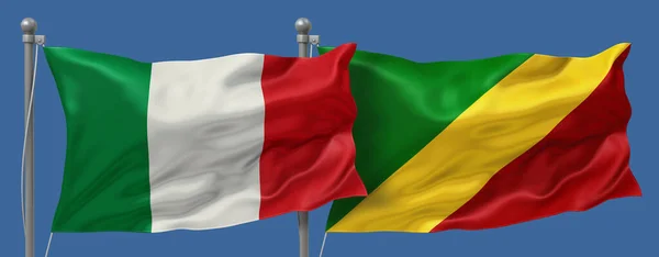 Italy vs Republic of the Congo flags banner on a blue sky background, banner 3D Illustration