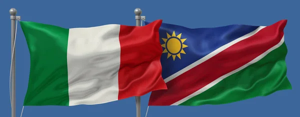 Italy vs Namibia flags banner on a blue sky background, banner 3D Illustration