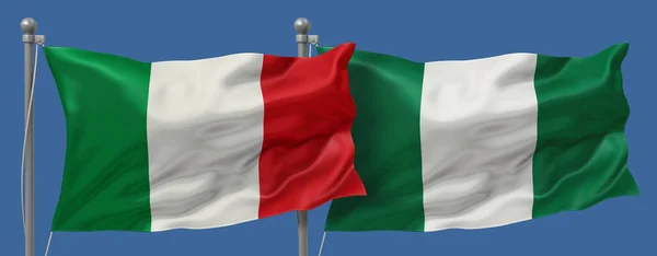 Italy vs Nigeria flags banner on a blue sky background, banner 3D Illustration