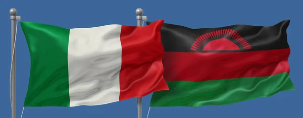 Italy vs Malawi flags banner on a blue sky background, banner 3D Illustration