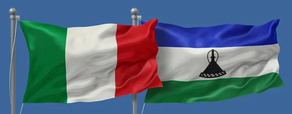 Italy vs Lesotho flags banner on a blue sky background, banner 3D Illustration