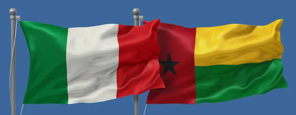 Italy vs Guinea-Bissau flags banner on a blue sky background, banner 3D Illustration