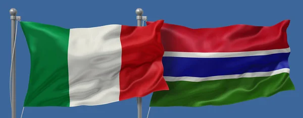 Italy vs Gambia flags flags banner on a blue sky background, banner 3D Illustration