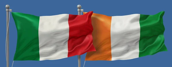 Italy vs Ivory Coast flags banner on a blue sky background, banner 3D Illustration