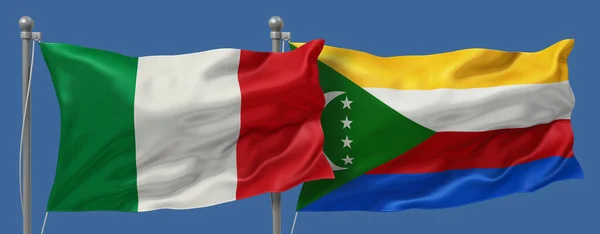 Italy vs Comoros flags banner on a blue sky background, banner 3D Illustration