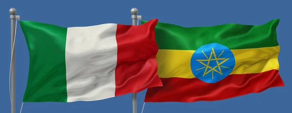 Italy vs Ethiopia flags banner on a blue sky background, banner 3D Illustration