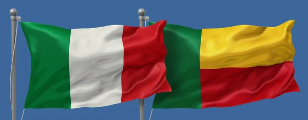 Italy vs Benin flags banner on a blue sky background, banner 3D Illustration