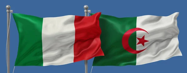 Italy vs Algeria flags banner on a blue sky background, banner 3D Illustration
