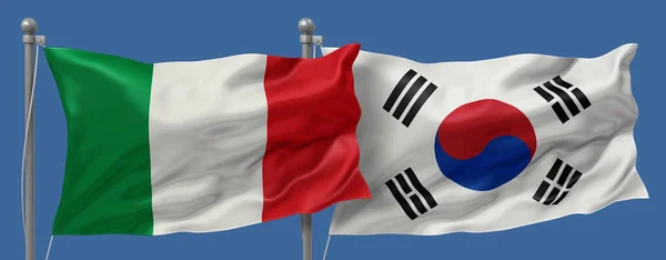 Italy vs South Korea flags banner on a blue sky background, banner 3D Illustration