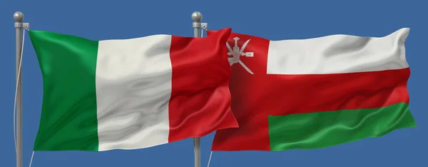 Italy vs Oman flags banner on a blue sky background, banner 3D Illustration