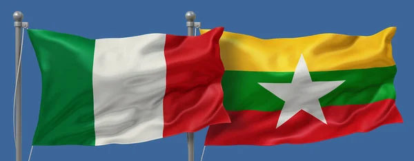 Italy vs Myanmar-Burma flags banner on a blue sky background, banner 3D Illustration