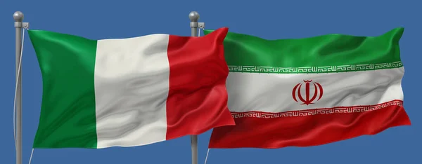 Italy vs Iran flags banner on a blue sky background, banner 3D Illustration