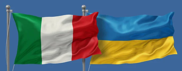 Italy vs Ukraine flags banner on a blue sky background, banner 3D Illustration