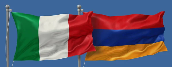 Italy vs Armenia flags banner on a blue sky background, banner 3D Illustration