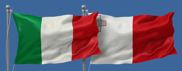 Italy vs Malta flags banner on a blue sky background, banner 3D Illustration