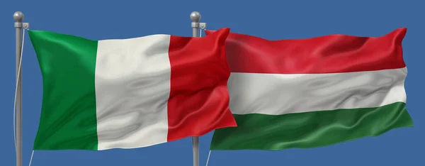 Italy vs Hungary flags banner on a blue sky background, banner 3D Illustration