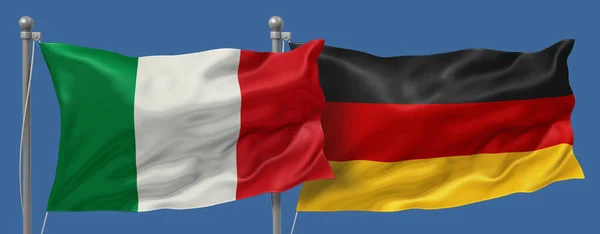 Italy vs Germany flags banner on a blue sky background, banner 3D Illustration