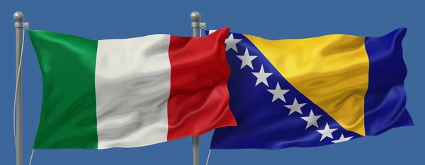 Italy vs Bosnia and Herzegovina flags banner on a blue sky background, banner 3D Illustration